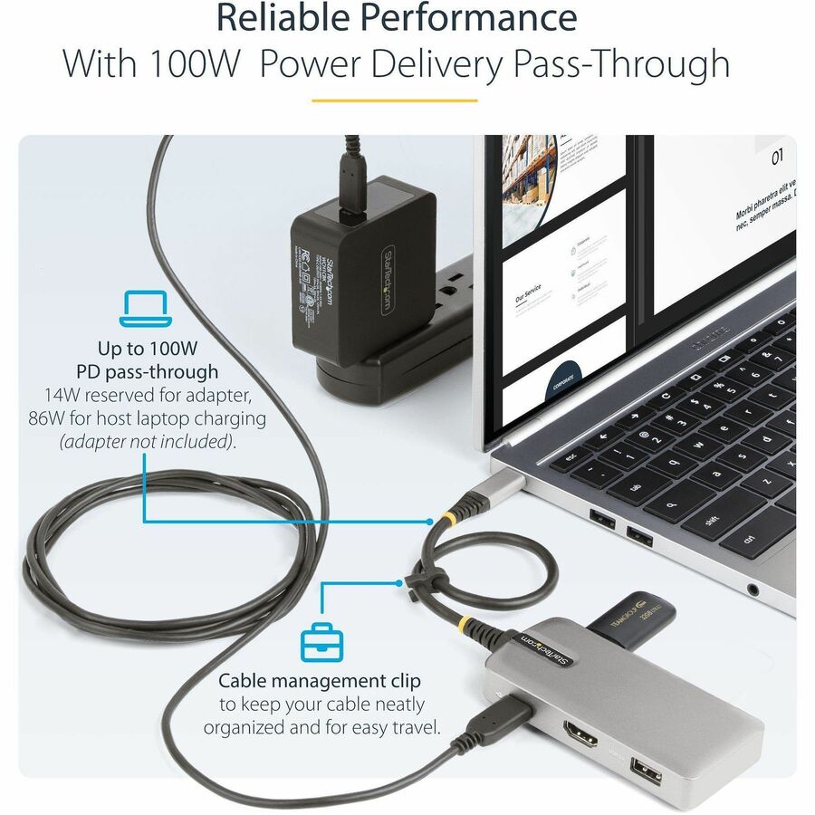 Alternate-Image4 Image for StarTech USB-C Multiport Adapter, 4K 60Hz HDMI, 3-Port USB Hub, 100W Power Delivery Pass-Through, Mini Dock, Windows/macOS/ChromeOS