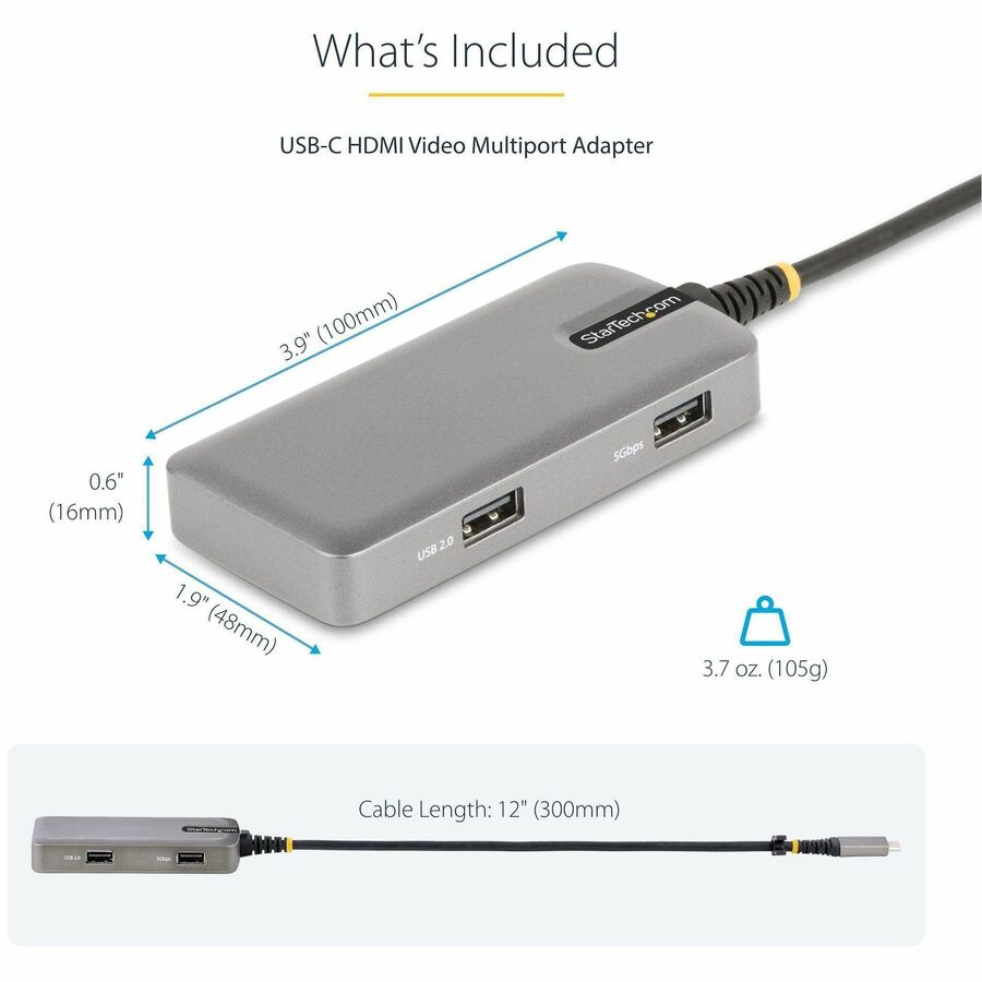 Alternate-Image6 Image for StarTech USB-C Multiport Adapter, 4K 60Hz HDMI, 3-Port USB Hub, 100W Power Delivery Pass-Through, Mini Dock, Windows/macOS/ChromeOS