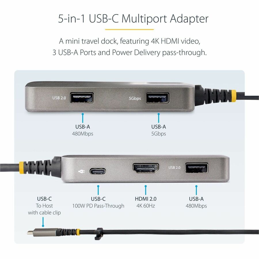Alternate-Image2 Image for StarTech USB-C Multiport Adapter, 4K 60Hz HDMI, 3-Port USB Hub, 100W Power Delivery Pass-Through, Mini Dock, Windows/macOS/ChromeOS