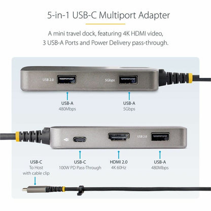 Alternate-Image2 Image for StarTech USB-C Multiport Adapter, 4K 60Hz HDMI, 3-Port USB Hub, 100W Power Delivery Pass-Through, Mini Dock, Windows/macOS/ChromeOS