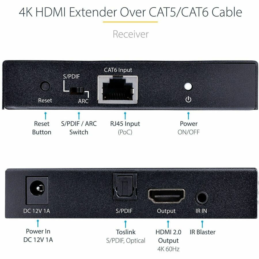 Alternate-Image2 Image for StarTech.com 4K HDMI Extender Over CAT5/CAT6 Cable, 4K 60Hz Video Extender Up to 230ft (70m), HDMI Over Ethernet Cabling, S/PDIF Audio Out