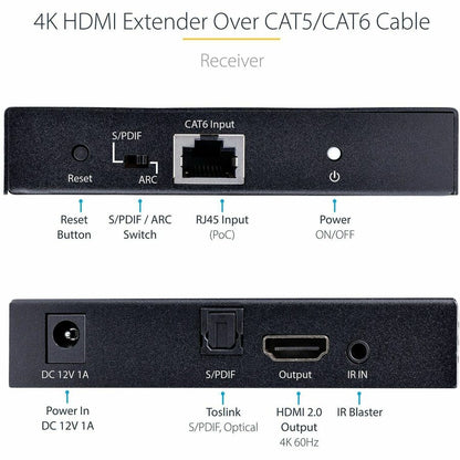 Alternate-Image2 Image for StarTech.com 4K HDMI Extender Over CAT5/CAT6 Cable, 4K 60Hz Video Extender Up to 230ft (70m), HDMI Over Ethernet Cabling, S/PDIF Audio Out
