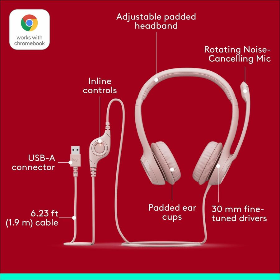 Alternate-Image5 Image for Logitech H390 USB-A Computer Headset, Rose