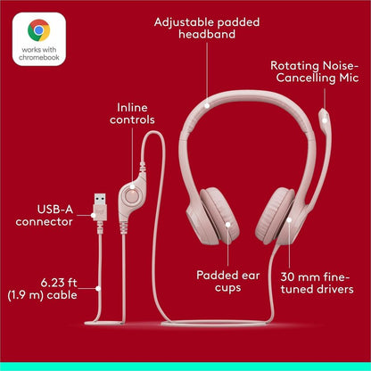 Alternate-Image5 Image for Logitech H390 USB-A Computer Headset, Rose