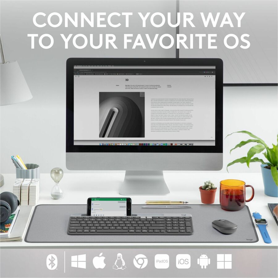 Alternate-Image1 Image for Logitech K585 Multi-Device Slim Wireless Keyboard, Built-in Cradle for device, Bluetooth/Receiver, Easy Switch, Graphite