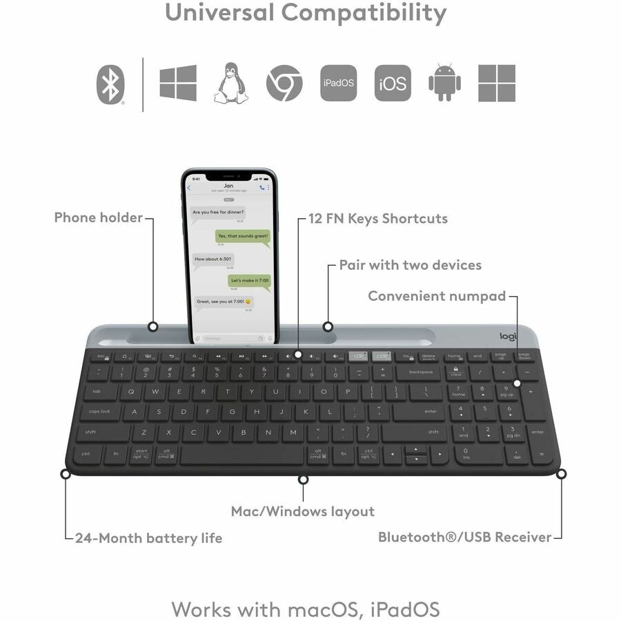 Alternate-Image5 Image for Logitech K585 Multi-Device Slim Wireless Keyboard, Built-in Cradle for device, Bluetooth/Receiver, Easy Switch, Graphite