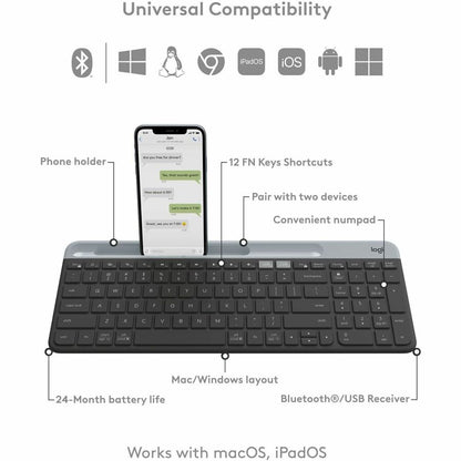 Alternate-Image5 Image for Logitech K585 Multi-Device Slim Wireless Keyboard, Built-in Cradle for device, Bluetooth/Receiver, Easy Switch, Graphite