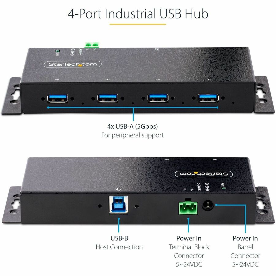 Alternate-Image1 Image for StarTech.com 4-Port Industrial USB 3.0 5Gbps Hub, Rugged USB Hub with ESD Protection, DIN/Wall/Desk Mountable, USB-A Expansion Hub, TAA
