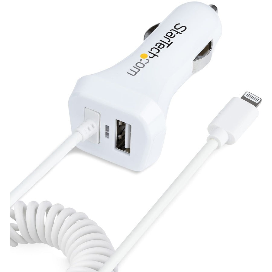 Alternate-Image1 Image for StarTech.com Lightning Car Charger with Coiled Cable, 1m Built-in Cable, 12W, White, 2 Port USB Car Charger Adapter, In Car iPhone Charger