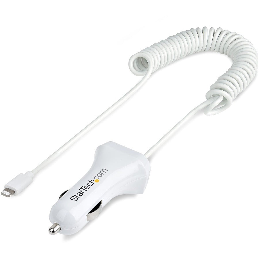 Alternate-Image7 Image for StarTech.com Lightning Car Charger with Coiled Cable, 1m Built-in Cable, 12W, White, 2 Port USB Car Charger Adapter, In Car iPhone Charger