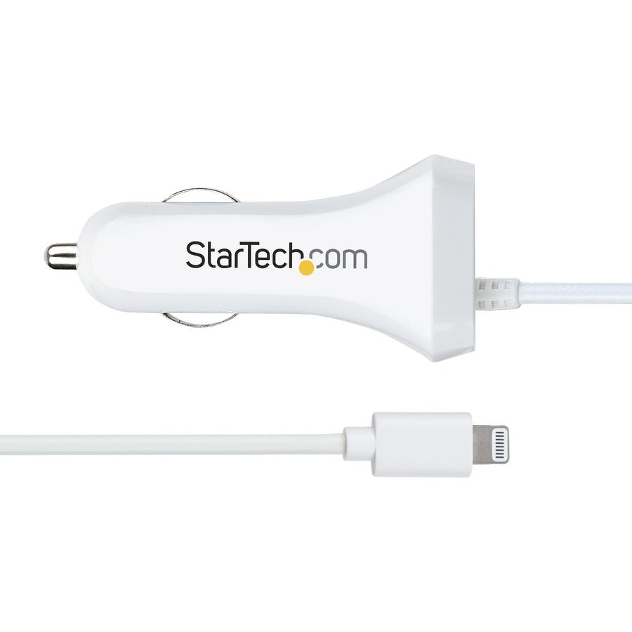 Alternate-Image5 Image for StarTech.com Lightning Car Charger with Coiled Cable, 1m Built-in Cable, 12W, White, 2 Port USB Car Charger Adapter, In Car iPhone Charger