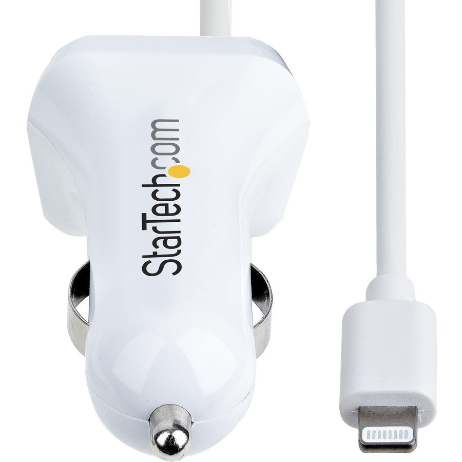 Alternate-Image2 Image for StarTech.com Lightning Car Charger with Coiled Cable, 1m Built-in Cable, 12W, White, 2 Port USB Car Charger Adapter, In Car iPhone Charger