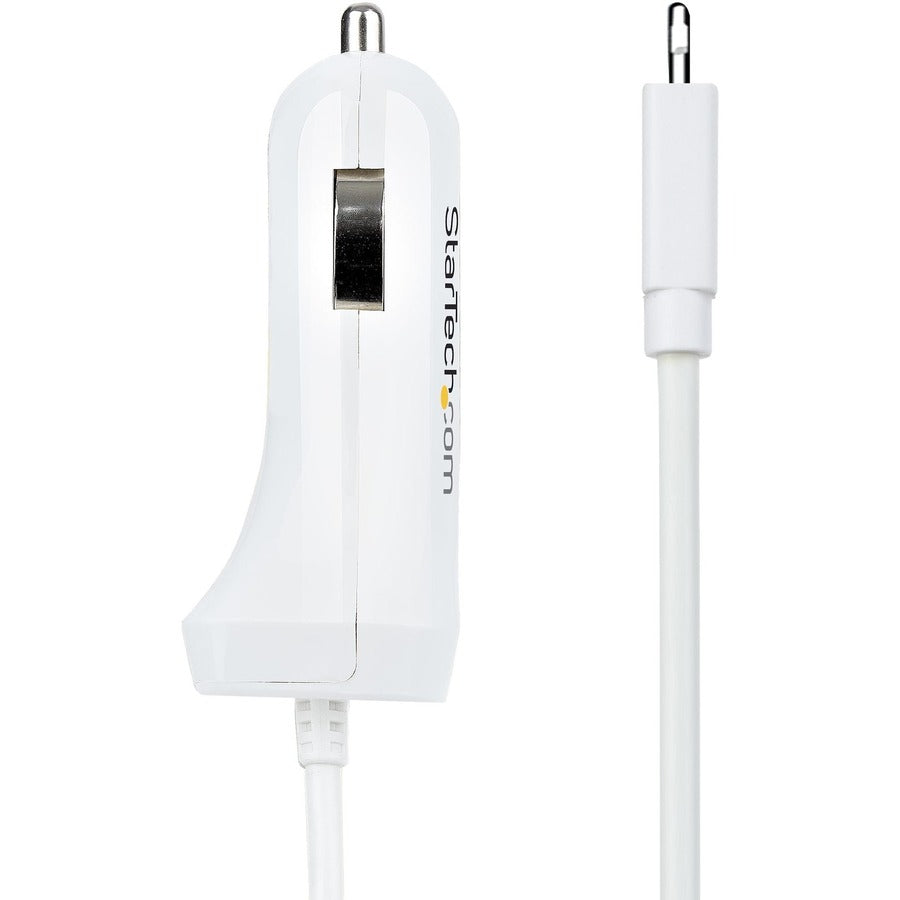 Alternate-Image4 Image for StarTech.com Lightning Car Charger with Coiled Cable, 1m Built-in Cable, 12W, White, 2 Port USB Car Charger Adapter, In Car iPhone Charger