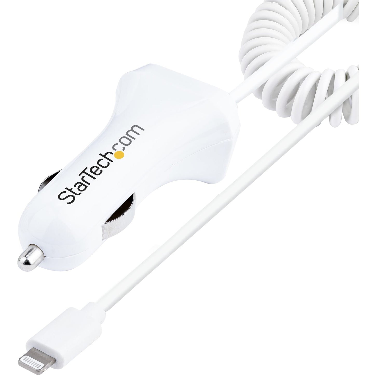 Main Image for StarTech.com Lightning Car Charger with Coiled Cable, 1m Built-in Cable, 12W, White, 2 Port USB Car Charger Adapter, In Car iPhone Charger