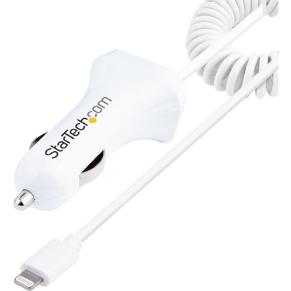Main Image for StarTech.com Lightning Car Charger with Coiled Cable, 1m Built-in Cable, 12W, White, 2 Port USB Car Charger Adapter, In Car iPhone Charger