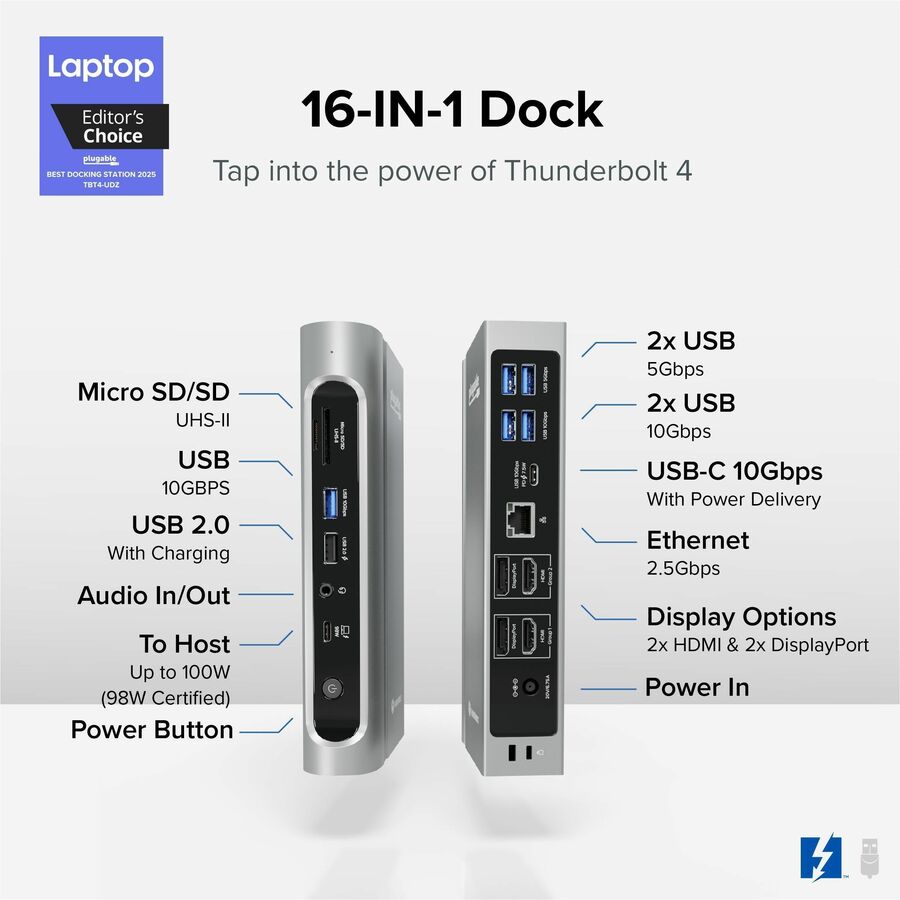 Alternate-Image1 Image for Plugable 16-in-1 Thunderbolt 4 Dock with 100W Charging, 4K Quad Monitor Setup for Thunderbolt 4 Windows Laptops