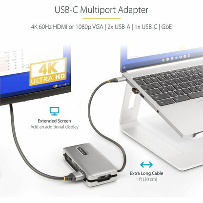 Alternate-Image1 Image for StarTech USB-C Multiport Adapter, HDMI/VGA, 4K 60Hz, 3-Port USB Hub, 100W PD Pass-Through, GbE, Mini Docking Station, 1ft/30cm Cable