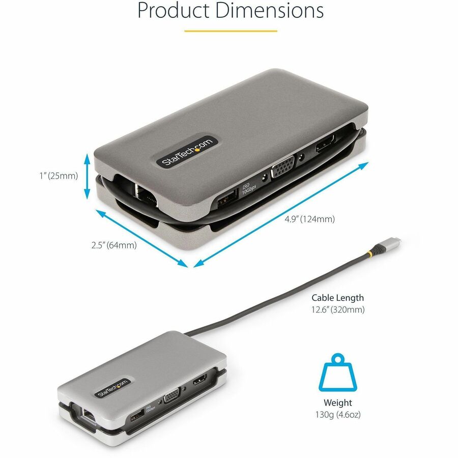 Alternate-Image5 Image for StarTech USB-C Multiport Adapter, HDMI/VGA, 4K 60Hz, 3-Port USB Hub, 100W PD Pass-Through, GbE, Mini Docking Station, 1ft/30cm Cable
