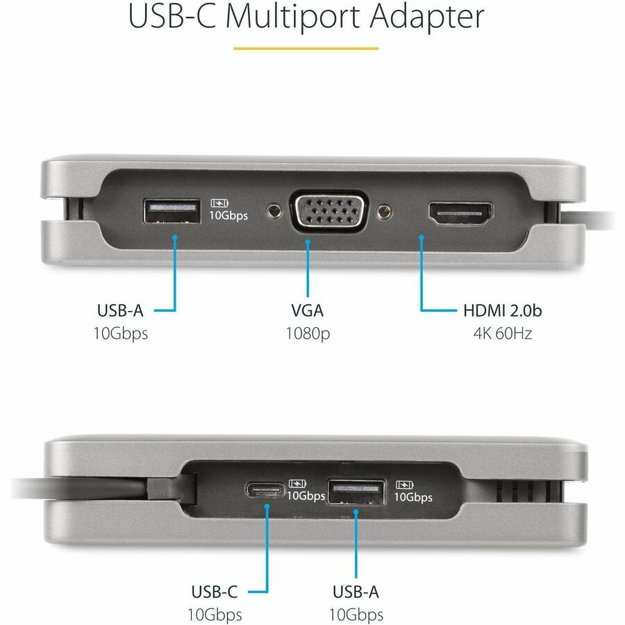 Alternate-Image2 Image for StarTech USB-C Multiport Adapter, HDMI/VGA, 4K 60Hz, 3-Port USB Hub, 100W PD Pass-Through, GbE, Mini Docking Station, 1ft/30cm Cable