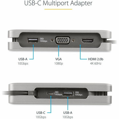 Alternate-Image2 Image for StarTech USB-C Multiport Adapter, HDMI/VGA, 4K 60Hz, 3-Port USB Hub, 100W PD Pass-Through, GbE, Mini Docking Station, 1ft/30cm Cable