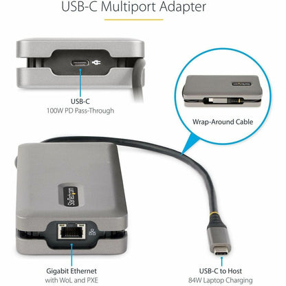 Alternate-Image3 Image for StarTech USB-C Multiport Adapter, HDMI/VGA, 4K 60Hz, 3-Port USB Hub, 100W PD Pass-Through, GbE, Mini Docking Station, 1ft/30cm Cable