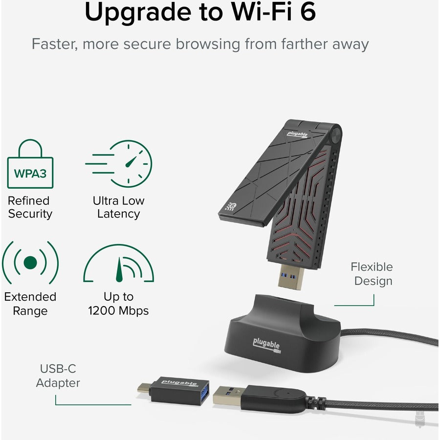 Alternate-Image1 Image for Plugable WiFi 6 USB WiFi Adapter for Desktop PC and Laptops, AX1800 USB 3.0 and USB C