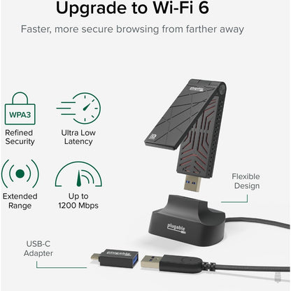 Alternate-Image1 Image for Plugable WiFi 6 USB WiFi Adapter for Desktop PC and Laptops, AX1800 USB 3.0 and USB C