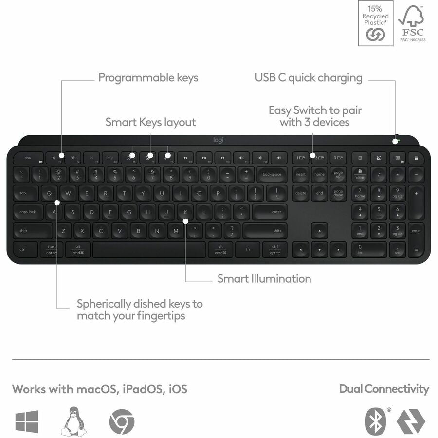 Alternate-Image5 Image for Logitech MX Keys S Wireless Keyboard, Low Profile, Fluid Precise Quiet Typing, USB C Rechargeable, Black