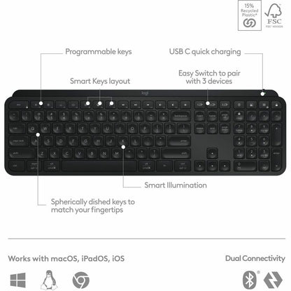 Alternate-Image5 Image for Logitech MX Keys S Wireless Keyboard, Low Profile, Fluid Precise Quiet Typing, USB C Rechargeable, Black