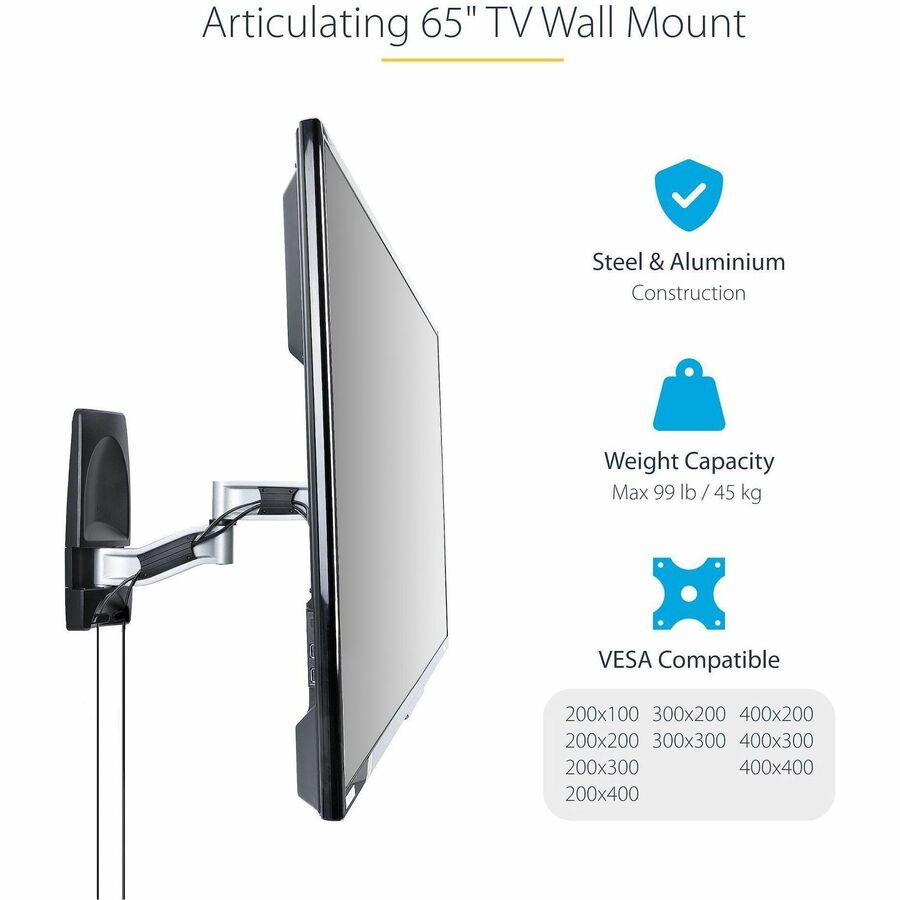Alternate-Image1 Image for StarTech.com Articulating TV Wall Mount, VESA Wall Mount TV Bracket for 65 inch/99lb/Curved TVs, Corner Adjustable Low Profile Wall Mount