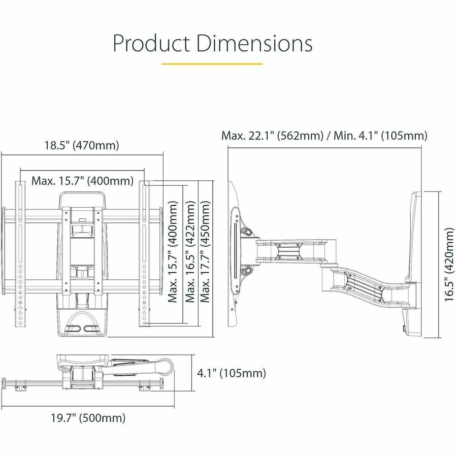 Alternate-Image7 Image for StarTech.com Articulating TV Wall Mount, VESA Wall Mount TV Bracket for 65 inch/99lb/Curved TVs, Corner Adjustable Low Profile Wall Mount
