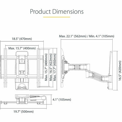 Alternate-Image7 Image for StarTech.com Articulating TV Wall Mount, VESA Wall Mount TV Bracket for 65 inch/99lb/Curved TVs, Corner Adjustable Low Profile Wall Mount