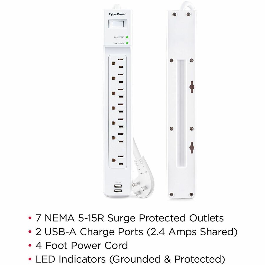 Alternate-Image1 Image for CyberPower P704URC1 Home and Office 7 - Outlet Surge Protector with 2000 J Surge Suppression