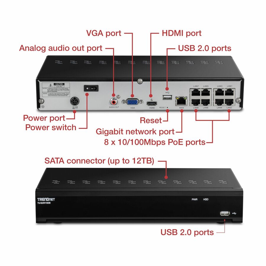 Alternate-Image3 Image for TRENDnet 8-Channel UHD PoE NVR, H.264/H.265 4K (8MP), Up to 12TB Storage (HDD Not Included), Supports one 4K Camera Channel, 8 PoE ports, 80W PoE Power Budget, Rackmount Design, 240fps, TV-NVR1508
