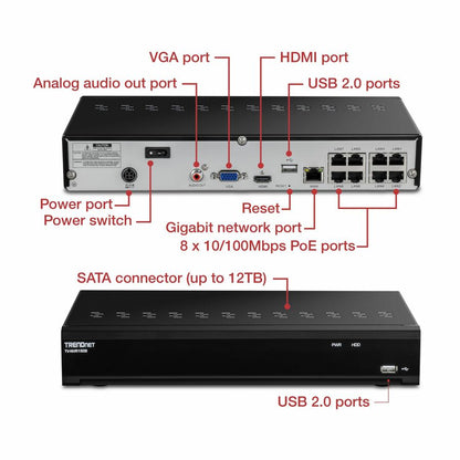 Alternate-Image3 Image for TRENDnet 8-Channel UHD PoE NVR, H.264/H.265 4K (8MP), Up to 12TB Storage (HDD Not Included), Supports one 4K Camera Channel, 8 PoE ports, 80W PoE Power Budget, Rackmount Design, 240fps, TV-NVR1508