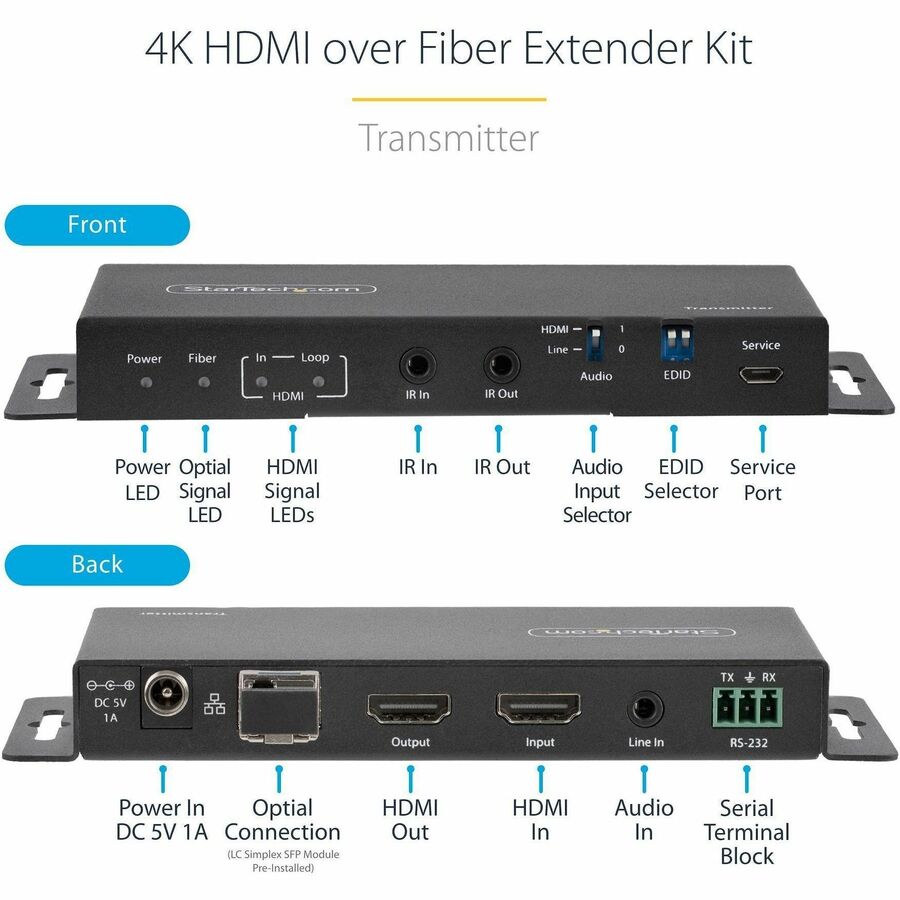 Alternate-Image2 Image for StarTech.com 4K HDMI over Fiber Extender Kit, 4K 60Hz, 3300ft (1km) Single Mode/1000ft (300m) Multimode LC Fiber Optic, HDR, IR Extender