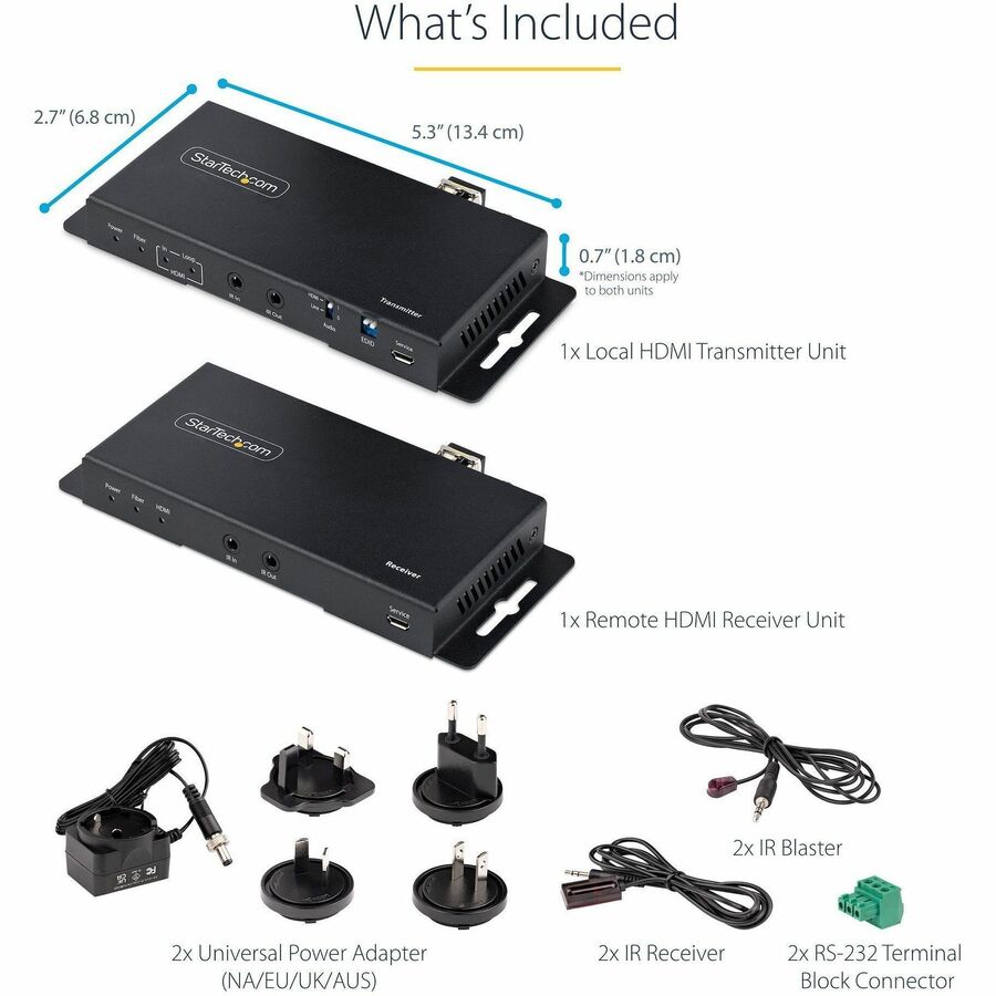 Alternate-Image5 Image for StarTech.com 4K HDMI over Fiber Extender Kit, 4K 60Hz, 3300ft (1km) Single Mode/1000ft (300m) Multimode LC Fiber Optic, HDR, IR Extender