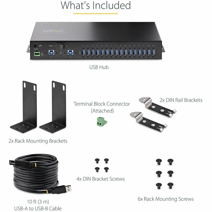 Alternate-Image3 Image for StarTech.com 16-Port Industrial USB 3.0 Hub 5Gbps, Mountable, Terminal Block Power Up to 120W Shared, USB Charging, Dual-Host Hub/Switch