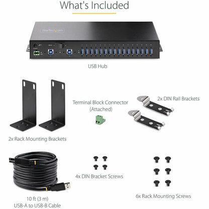 Alternate-Image3 Image for StarTech.com 16-Port Industrial USB 3.0 Hub 5Gbps, Mountable, Terminal Block Power Up to 120W Shared, USB Charging, Dual-Host Hub/Switch