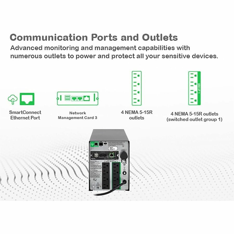 Alternate-Image2 Image for APC Smart-UPS, Line Interactive, 1500VA, Tower, 120V, 8x NEMA 5-15R outlets, SmartConnect Port+Network Card, AVR, LCD