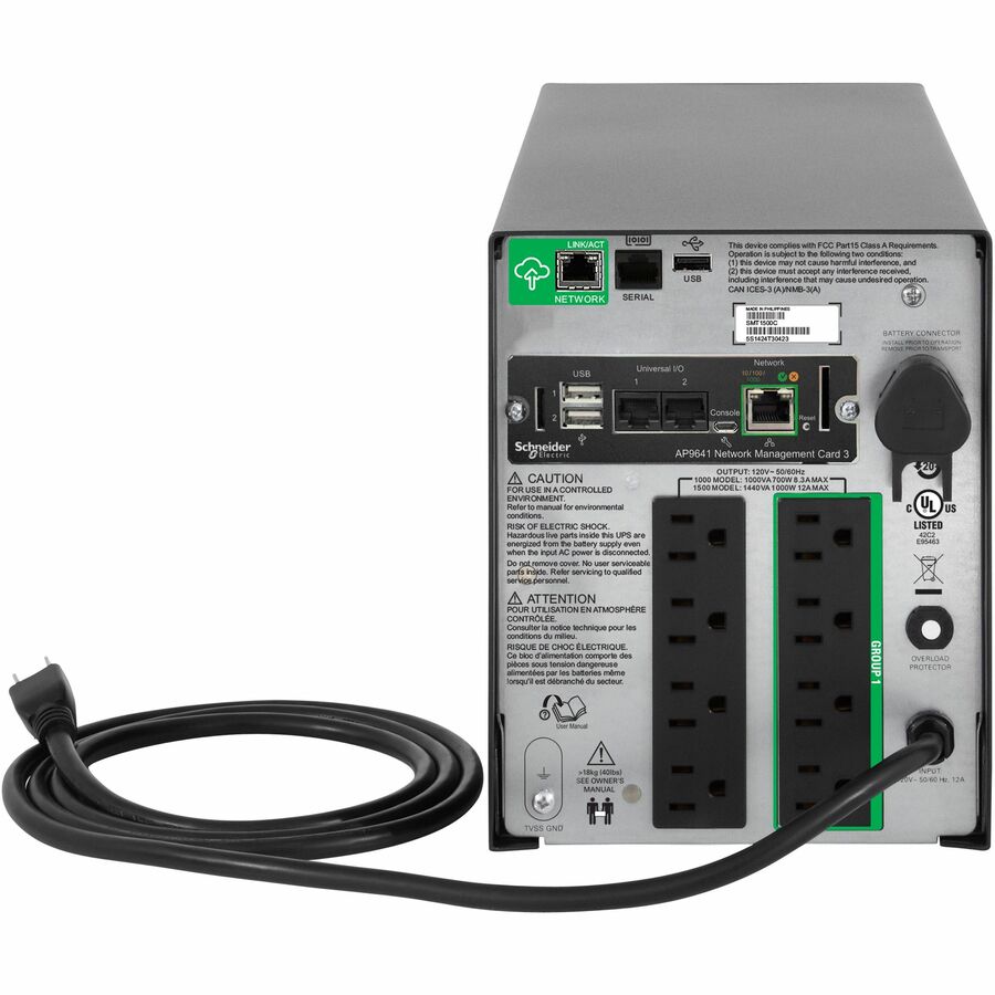 Rear Image for APC Smart-UPS, Line Interactive, 1500VA, Tower, 120V, 8x NEMA 5-15R outlets, SmartConnect Port+Network Card, AVR, LCD