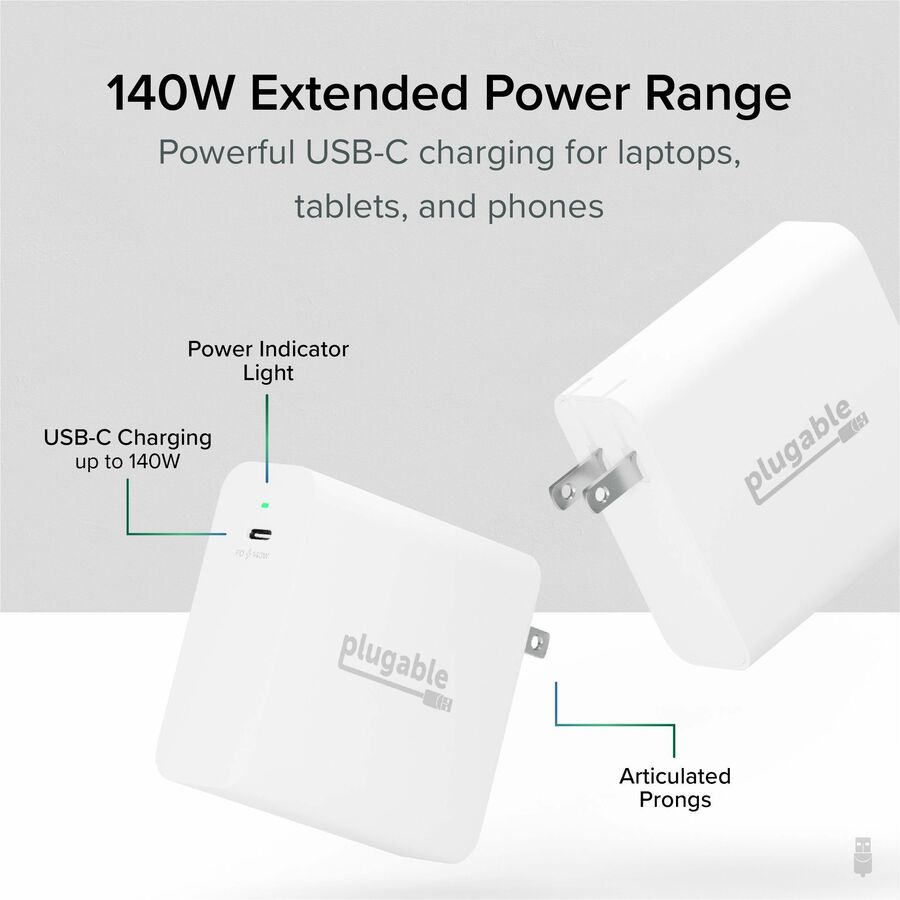 Alternate-Image1 Image for Plugable 140W USB C Charger, GaN Wall Charger for Laptop, PD 3.1 Power Adapter