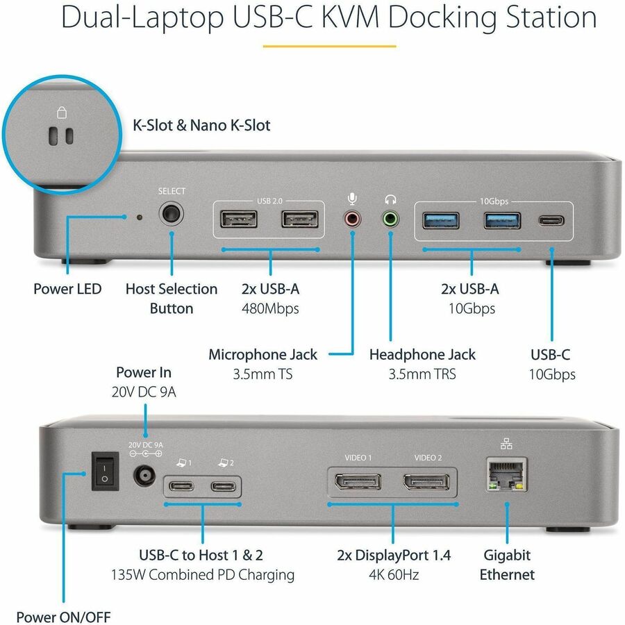 Alternate-Image2 Image for StarTech.com Dual-Laptop USB-C KVM Docking Station, Dual Monitor 4K 60Hz DisplayPort KVM Dock, 5x USB Hub, GbE, 90W/45W PD, Windows/Mac