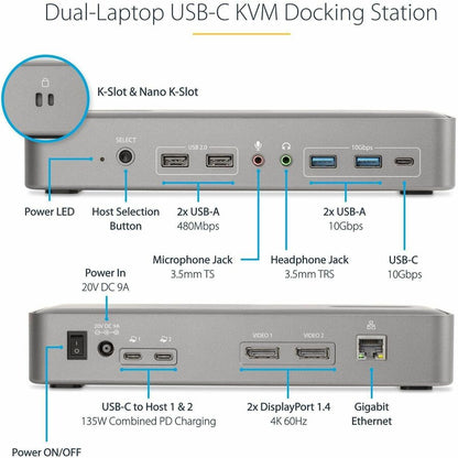 Alternate-Image2 Image for StarTech.com Dual-Laptop USB-C KVM Docking Station, Dual Monitor 4K 60Hz DisplayPort KVM Dock, 5x USB Hub, GbE, 90W/45W PD, Windows/Mac