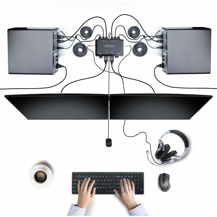 Alternate-Image6 Image for StarTech.com 2-Port Dual-Monitor DisplayPort Cable KVM Switch, 4K 60Hz, Compact KVM with 5ft/1.5m Integrated Host Cables, Bus Powered