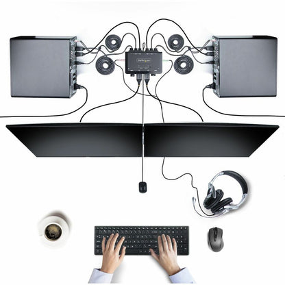 Alternate-Image6 Image for StarTech.com 2-Port Dual-Monitor DisplayPort Cable KVM Switch, 4K 60Hz, Compact KVM with 5ft/1.5m Integrated Host Cables, Bus Powered