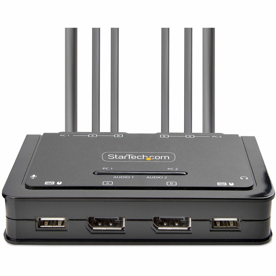 Alternate-Image1 Image for StarTech.com 2-Port Dual-Monitor DisplayPort Cable KVM Switch, 4K 60Hz, Compact KVM with 5ft/1.5m Integrated Host Cables, Bus Powered
