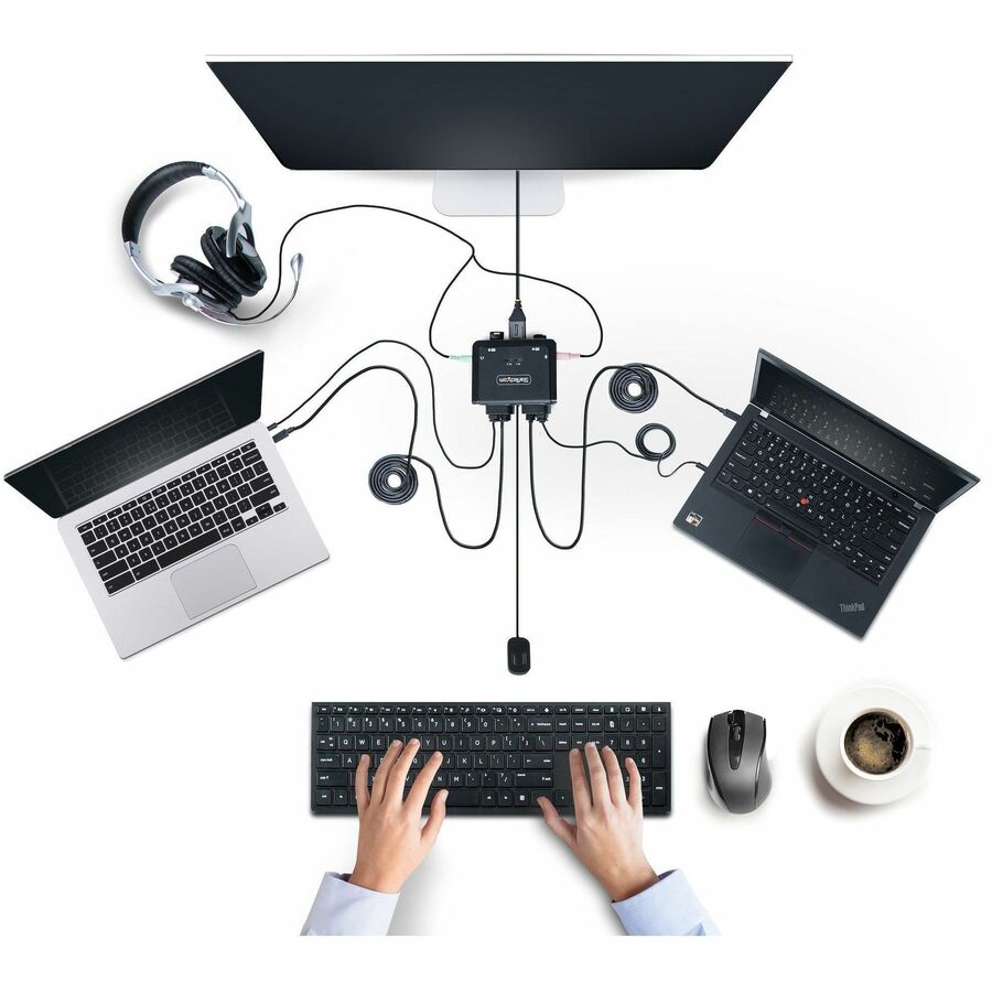 Alternate-Image6 Image for StarTech.com 2-Port USB-C Cable KVM Switch, 4K 60Hz DisplayPort Output, Compact KVM with 4ft/1.2m Integrated Host Cables, Bus Powered