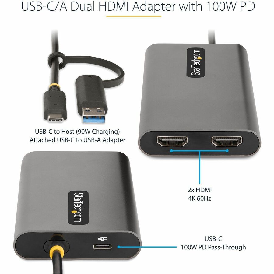 Alternate-Image2 Image for StarTech.com USB-C to Dual-HDMI Adapter, USB-C/A to 2x HDMI, 4K 60Hz, 100W PD Passthrough, 1ft/30cm Cable, USB to HDMI Converter, TAA