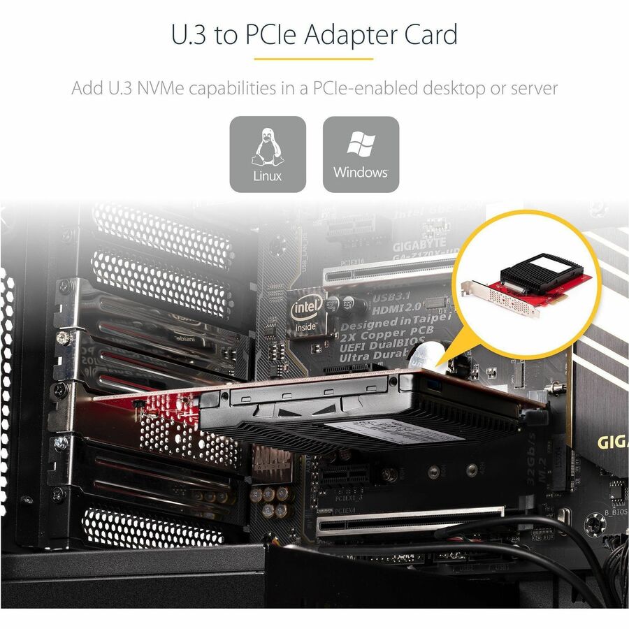 Alternate-Image1 Image for StarTech.com U.3 to PCIe Adapter Card, PCIe 4.0 x4 Adapter For 2.5" U.3 NVMe SSDs, SFF-TA-1001 PCI Express Add-in Card, TAA Compliant\n